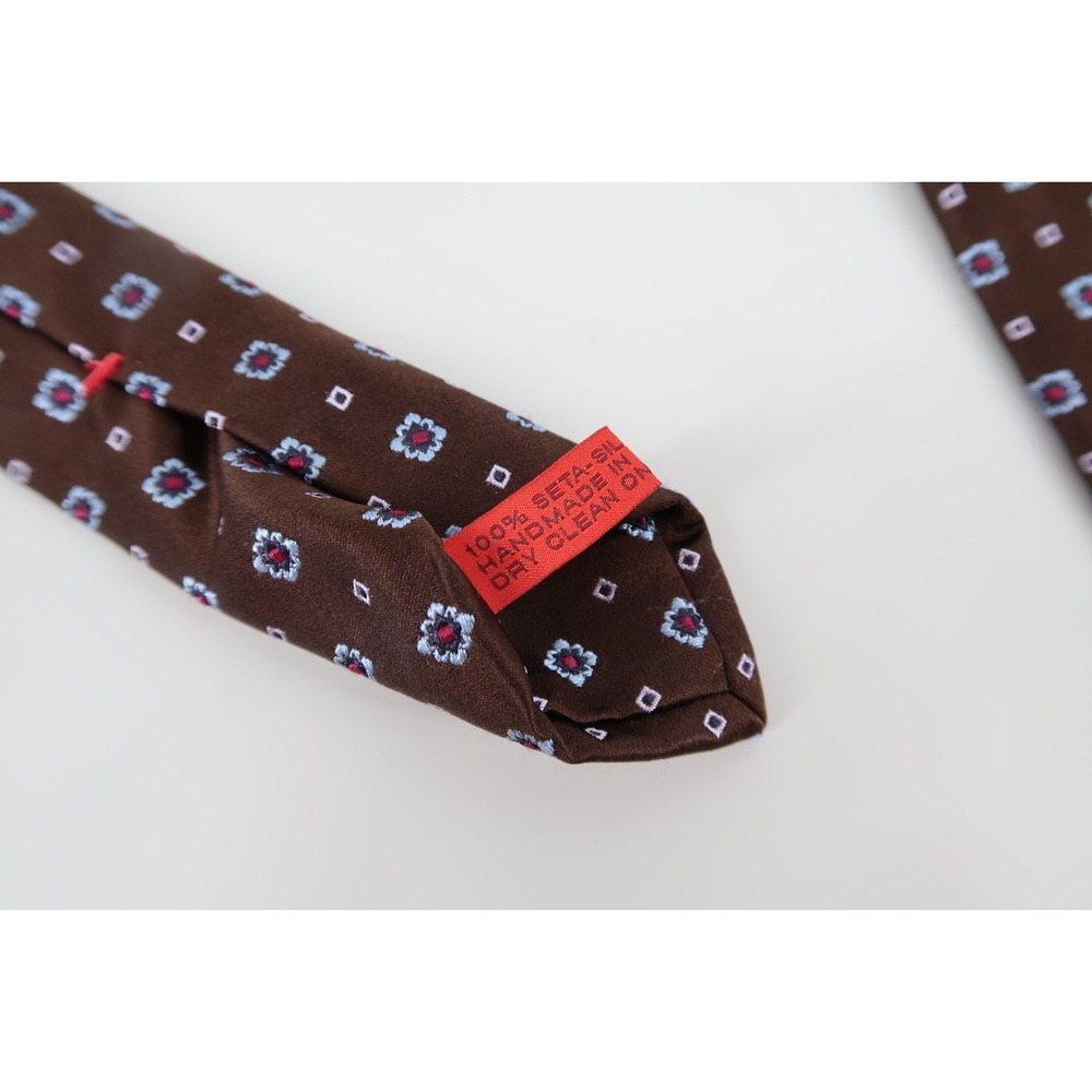 Isaia Napoli Silk Tie Mens OS Brown Blue Floral Geometric 7-Fold Handmade Italy - Picture 8 of 10